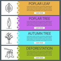 ensemble de modèles de bannière web de foresterie. peuplier et feuille, déforestation, arbre sans feuilles. éléments de menu de couleur de site Web avec des icônes linéaires. concepts de conception d'en-têtes de vecteur