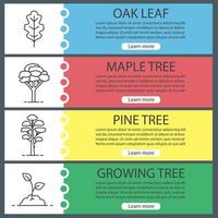 ensemble de modèles de bannière web de foresterie. feuilles de chêne, érables et pins, pousses en croissance. éléments de menu de couleur de site Web avec des icônes linéaires. concepts de conception d'en-têtes de vecteur