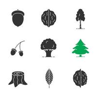 Ensemble d'icônes de glyphes forestiers. symboles de silhouette. glands, feuille de noyer, noisette, bouleau, chêne, sapin, souche. illustration vectorielle isolée vecteur