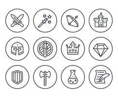 icônes de ligne de jeu sur blanc, rpg, fantaisie, épées, baguette magique, arc, château, casque, armure, potion vecteur