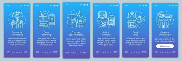 modèle vectoriel d'écran de page d'application mobile pour la gouvernance d'entreprise. étapes du site Web pas à pas de la csr avec des illustrations. politique de responsabilité sociale des entreprises. ux, ui, interface graphique pour smartphone