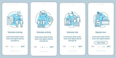 un volontaire devient un écran de page d'application mobile avec des concepts linéaires. aide humanitaire. instructions graphiques étape par étape du service volontaire. modèle vectoriel ux, ui, gui avec illustrations