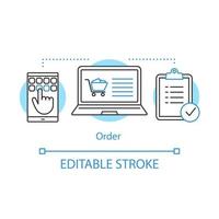 icône de concept de commande. affaire faisant l'illustration de la ligne mince de l'idée. achats en ligne. commerce électronique. achat numérique. gestion des ventes. dessin de contour isolé de vecteur. trait modifiable vecteur