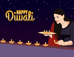 fille avec thali et diya - lampe à huile, illustration vectorielle heureux diwali. vecteur