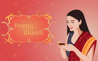 jolie fille indienne avec diya - lampe à huile, illustration heureuse de diwali pour la bannière de vente et l'arrière-plan de la promotion des médias sociaux. avec une typographie joyeuse de diwali. vecteur