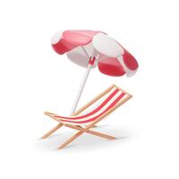 3d en bois cabriolet salon avec parapluie isolé. rendre Soleil fainéant, transat, lit de bronzage, plage chaise. bois rayé plate-forme et parasol pour bain de soleil sur vacances. vecteur illustration