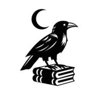 une corbeau permanent sur une livre avec une lune vecteur