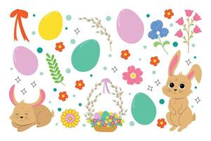 Pâques ensemble de lapins, fleurs et décorations. vecteur
