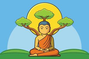 vecteur illustration de siddhartha Gautama éclairé en dessous de Bodhi arbre, éclaircissement de le Bouddha en dessous de le Bodhi arbre