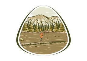 ancien illustration de une homme pêche sur le Lac avec forêt et Montagne vue vecteur