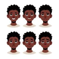 enfant émotions - ensemble. mignonne africain américain garçon souriant, en colère, triste. vecteur illustration