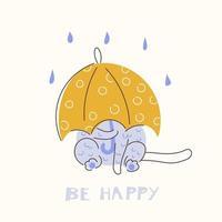 chat mignon sous un parapluie, sois heureux. illustration de doodle de dessin à la main vecteur