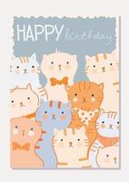 carte élégante avec une foule de chats mignons drôles. lettrage joyeux anniversaire. carte de voeux au design plat avec des animaux. illustration vectorielle. tous les objets sont isolés vecteur