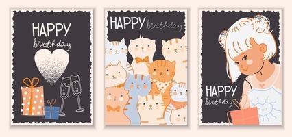 un ensemble de cartes élégantes avec des chats drôles, une jolie fille et des cadeaux. lettrage joyeux anniversaire. carte de voeux au design plat avec des animaux. illustration vectorielle. tous les objets sont isolés vecteur