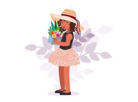 jolie petite fille avec une boîte de fleurs. illustration vectorielle dans un style plat de dessin animé à la mode pour bannière, carte postale, affiche, flyer. tous les éléments sont isolés vecteur