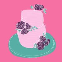 une à deux niveaux gâteau avec de manière complexe peinte à la main griffonnage dessins et surmonté avec vibrant des roses. le gâteau est magnifiquement décoré et parfait pour une spécial occasion ou fête vecteur