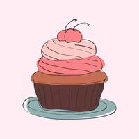 une délectable petit gâteau surmonté avec rose Glaçage et une juteux Cerise perché sur Haut. le petit gâteau est affiché contre une plaine arrière-plan, mettant en valeur ses simplicité et douceur vecteur