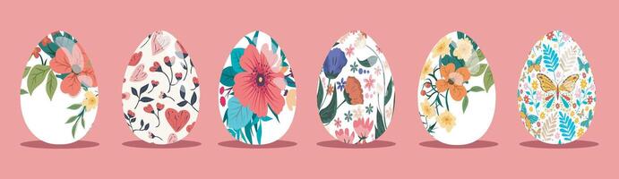 vecteur content Pâques des œufs décoratif ensemble de blanc Pâques des œufs Pâques des œufs avec floral ornement modèle sur rose Contexte