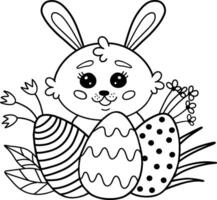 coloration livre avec une mignonne Pâques lapin de une dessin animé avec des œufs et fleurs. coloration livre pour les enfants. vecteur illustration.