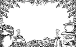 café Cadre. un antique café broyeur, une sac de des haricots et une tasse de café. vecteur noir et blanc graphique illustration est dessiné à la main. pour, menus, cartes postales et paquets. pour bannière, prospectus et affiche