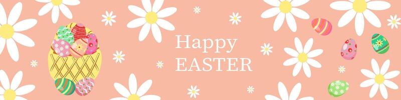 Pâques cartes. Pâques œufs, printemps fleurs et décorations sur une rose Contexte. pour affiche, carte postale. vecteur. vecteur