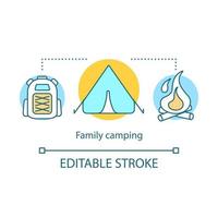 icône de concept de camping familial. temps ensemble idée fine ligne illustration. voyage en famille. feu de camp. nuit sous tente. hébergement extérieur. dessin de contour isolé de vecteur. trait modifiable vecteur