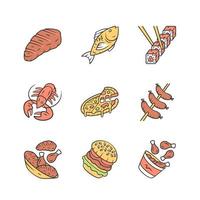 Ensemble d'icônes de couleur de menu de restaurant. restauration rapide, cuisine italienne et méditerranéenne. pizza, homard, steak, hamburger, sushi, saucisses, cuisses de poulet. illustrations vectorielles isolées vecteur