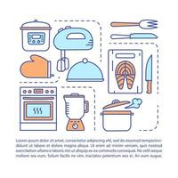 modèle vectoriel de page d'article de service de cuisine à domicile. ustensiles de cuisine. brochure, magazine, élément de conception de livret avec icônes linéaires et zones de texte. design d'impression. illustrations de concept avec espace de texte