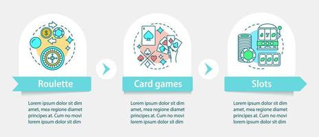 modèle d'infographie vectorielle de jeux de casino. éléments de conception de présentation d'entreprise. jeux d'argent. visualisation des données avec trois étapes et options. chronologie du processus. disposition du flux de travail avec des icônes linéaires vecteur