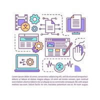 modèle vectoriel de page d'article de logiciel d'édition et de traitement de texte. brochure, magazine, élément de conception de livret avec icônes linéaires et zones de texte. design d'impression. illustrations de concept avec espace de texte