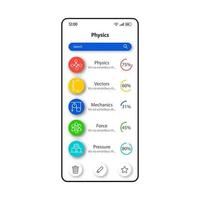 étudier le modèle vectoriel d'interface de smartphone de physique. disposition de conception blanche de page d'application mobile. écran de sciences physiques. interface utilisateur plate pour l'application. couvrant l'affichage du téléphone de la progression du matériel pédagogique