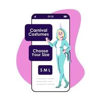 écran d'application pour smartphone de costumes de carnaval. costume de licorne. vêtements pour animaux à louer. affichage du téléphone portable, maquette de conception de personnages de dessins animés. interface téléphonique d'application de boutique en ligne vecteur