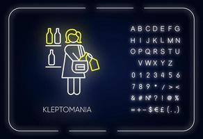 icône de néon de kleptomanie. femme vole de l'alcool. abus de substance. désordre mental. personne cachant une boisson. signe lumineux avec alphabet, chiffres et symboles. illustration vectorielle isolée vecteur