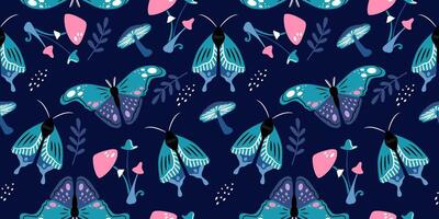 vecteur sans couture modèle de coloré papillons et champignons sur foncé bleu Contexte. magnifique branché Contexte pour emballage, tissu, fond d'écran.