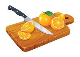 Frais ensemble, moitié et Couper tranches Orange des fruits avec couteau sur en bois Coupe planche. vecteur dessin animé illustration