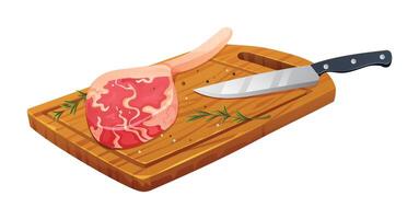 Frais brut tomahawk Viande steak avec sel, Romarin et couteau sur Coupe planche. vecteur illustration isolé sur blanc Contexte