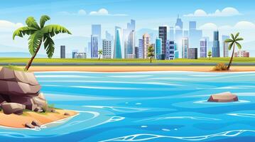 océan plage panorama avec petit île et paysage urbain voir. tropical plage avec ville paysage Contexte dessin animé illustration vecteur