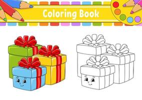 cadeaux de vacances. livre de coloriage pour les enfants. personnage de dessin animé. illustration vectorielle. silhouette de contour noir. isolé sur fond blanc. thème de Noël. vecteur