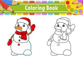 bonhomme de neige mignon. livre de coloriage pour les enfants. personnage de dessin animé. illustration vectorielle. silhouette de contour noir. isolé sur fond blanc. thème de Noël. vecteur