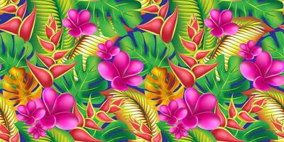 paume monstera feuilles avec hibiscus et rose plumeria fleurs abstrait Contexte. branché été exotique fleur imprimer. vecteur