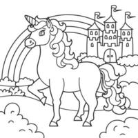 jolie licorne. cheval de fée magique. paysage avec un beau château. page de livre de coloriage pour les enfants. style de bande dessinée. illustration vectorielle isolée sur fond blanc. vecteur