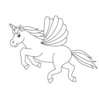 licorne mignonne avec des ailes. cheval de fée magique. page de livre de coloriage pour les enfants. personnage de style dessin animé. illustration vectorielle isolée sur fond blanc. vecteur