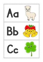 alphabet anglais avec des personnages de dessins animés. cartes flash. ensemble de vecteurs. style de couleur vive. apprendre abc. lettres minuscules et majuscules. vecteur