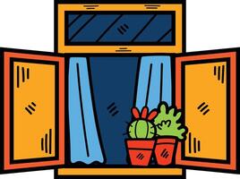 main tiré fenêtre et cactus dans plat style vecteur