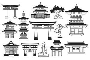 main tiré Japonais et chinois style pavillons ou pagodes dans plat style vecteur