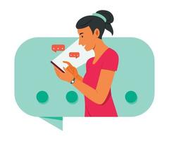 femme discutant sur téléphone mobile et est dans une grande icône de bulle de discussion. vecteur