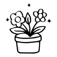 dessiné à la main image mettant en valeur une mis en pot plante avec deux épanouissement fleurs, entouré par petit étoiles vecteur