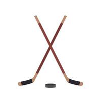 deux franchi le hockey des bâtons et une palet plat conception vecteur illustration. le hockey des bâtons, indices avec palet isolé sur blanc Contexte. sport équipement symbole