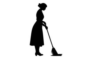 nettoyage Dame noir clipart, balayeuse fille noir et blanc vecteur, femme nettoyeur silhouette isolé sur une blanc Contexte vecteur