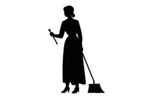 femme nettoyeur silhouette isolé sur une blanc arrière-plan, nettoyage Dame noir clipart, balayeuse fille noir et blanc vecteur